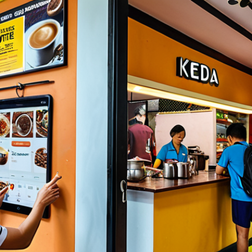 **

A vibrant Malaysian "kedai kopi" (coffee shop) bustling with activity. In the foreground, a customer uses a smartphone app to make an online reservation. In the background, a delivery rider wearing a food delivery service uniform picks up an order. The coffee shop is decorated with posters advertising a loyalty program in partnership with a local gym.

**
