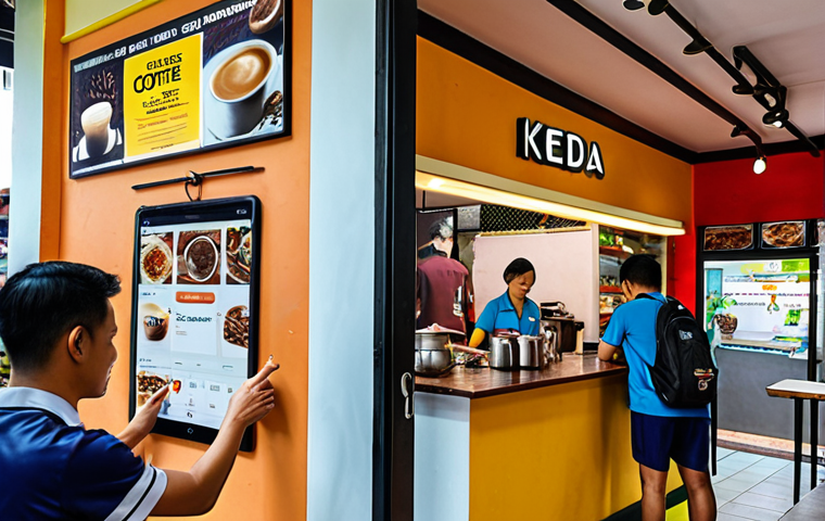 **

A vibrant Malaysian "kedai kopi" (coffee shop) bustling with activity. In the foreground, a customer uses a smartphone app to make an online reservation. In the background, a delivery rider wearing a food delivery service uniform picks up an order. The coffee shop is decorated with posters advertising a loyalty program in partnership with a local gym.

**