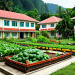 A vibrant community garden in Malaysia, showcasing diverse vegetables and fruits being cultivated by local residents. Emphasize the collaborative aspect and the lush greenery, with a mix of ages participating. Include elements like a backdrop of Malaysian houses or apartments to represent the setting.