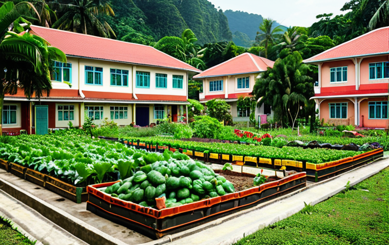 A vibrant community garden in Malaysia, showcasing diverse vegetables and fruits being cultivated by local residents. Emphasize the collaborative aspect and the lush greenery, with a mix of ages participating. Include elements like a backdrop of Malaysian houses or apartments to represent the setting.